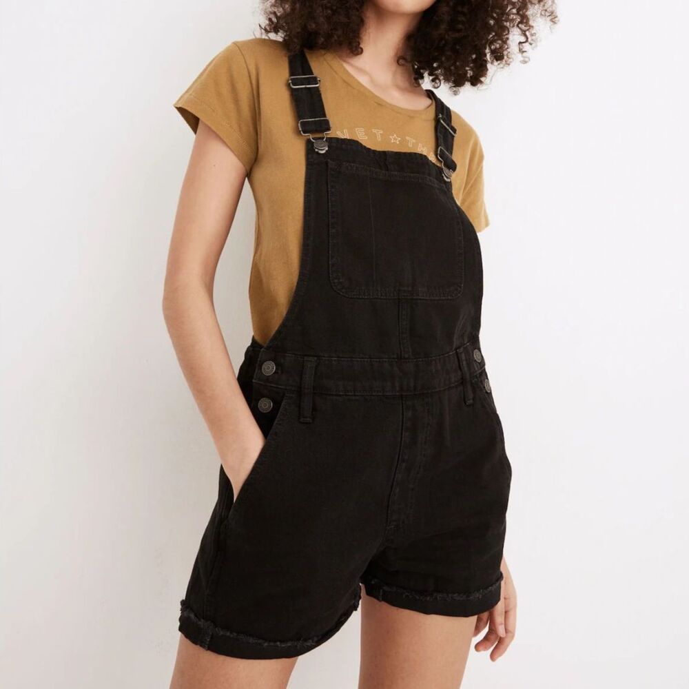 Madewell Black Denim Short Overalls XS Cutoff Bib Shorts Cotton G5149 Clean Girl